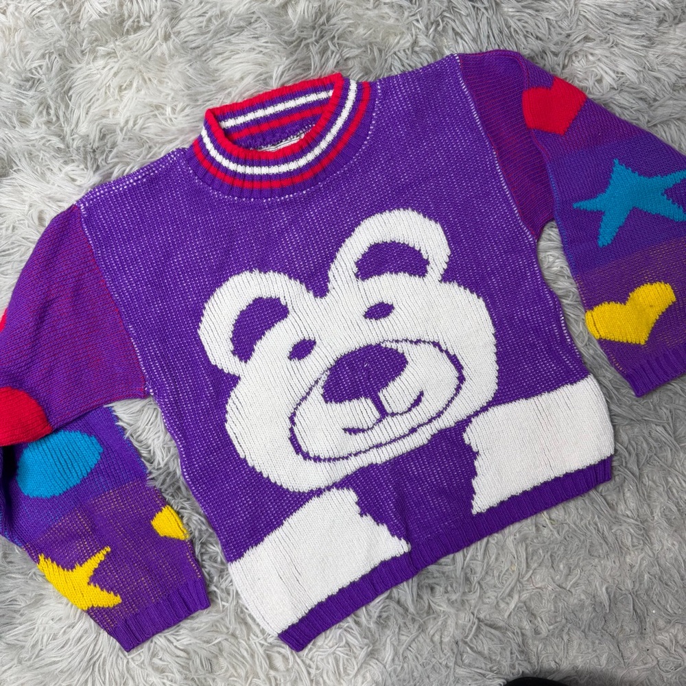 Vintage 80s 90s Hot Ashes Bear Knit Sweater Made in USA Y2K Kids